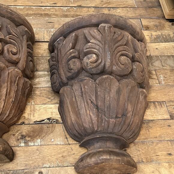 Antique Wooden Architectural Wall Shelf Sconce Hand Carved Primitive Set Of Two - Picture 6 of 16